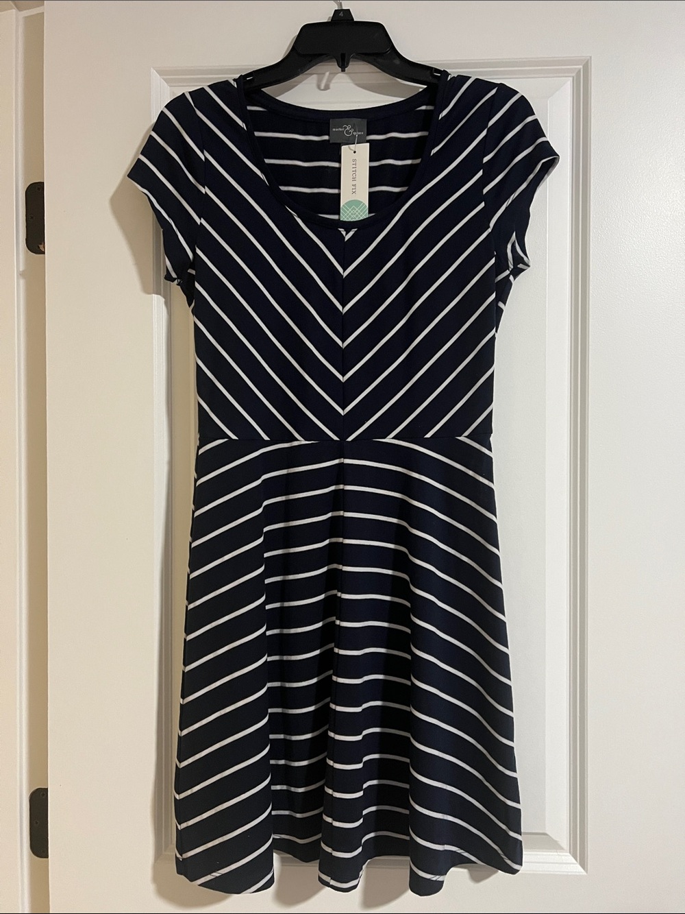 Market & Spruce Navy and White Striped V‑Neck Fit-and-Flare Dress